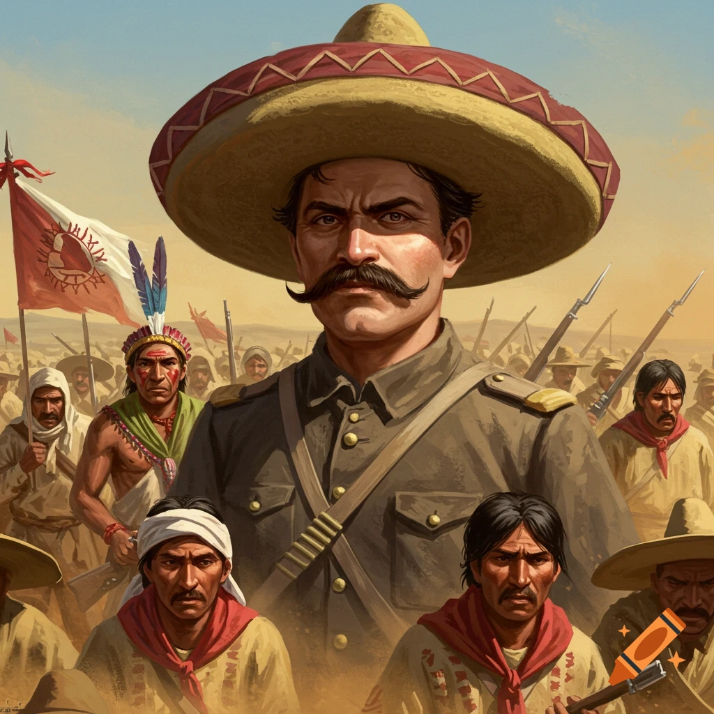 A man in a sombrero is leading an army in a desert.