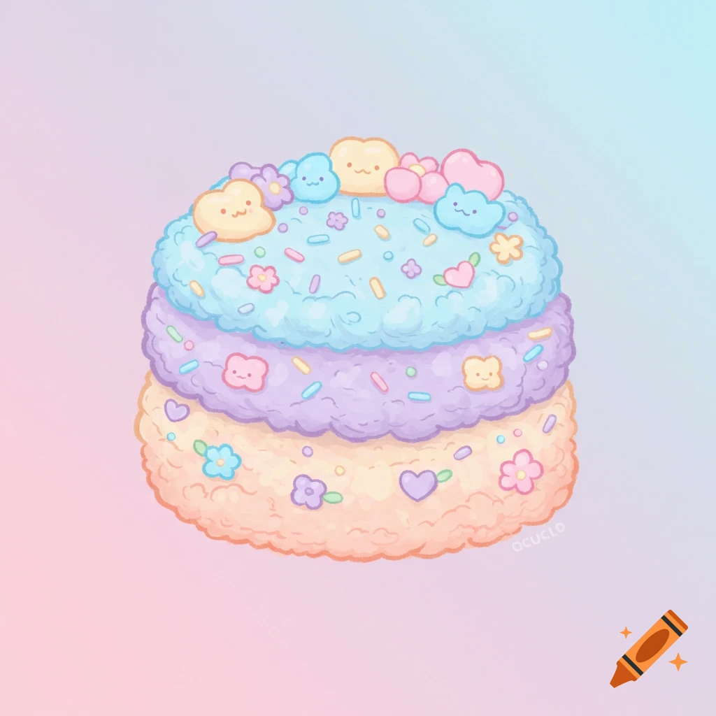 A cute pastel-colored, three-layered cake with sprinkles and smiley face shapes.