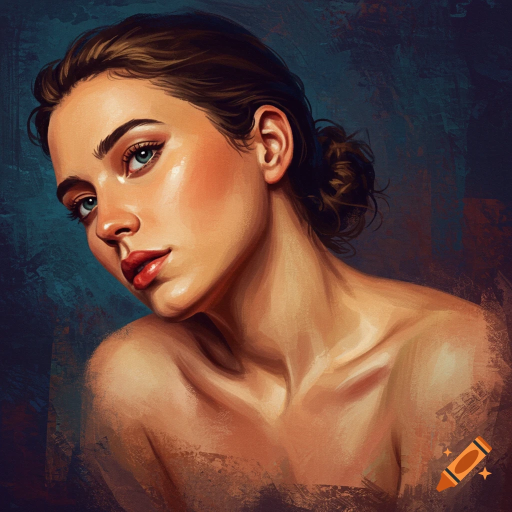 Portrait of a woman with bare shoulders against a dark textured background.