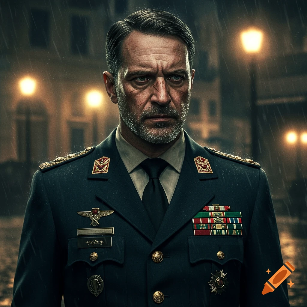 Portrait of a stern man in military uniform standing in rain at night.