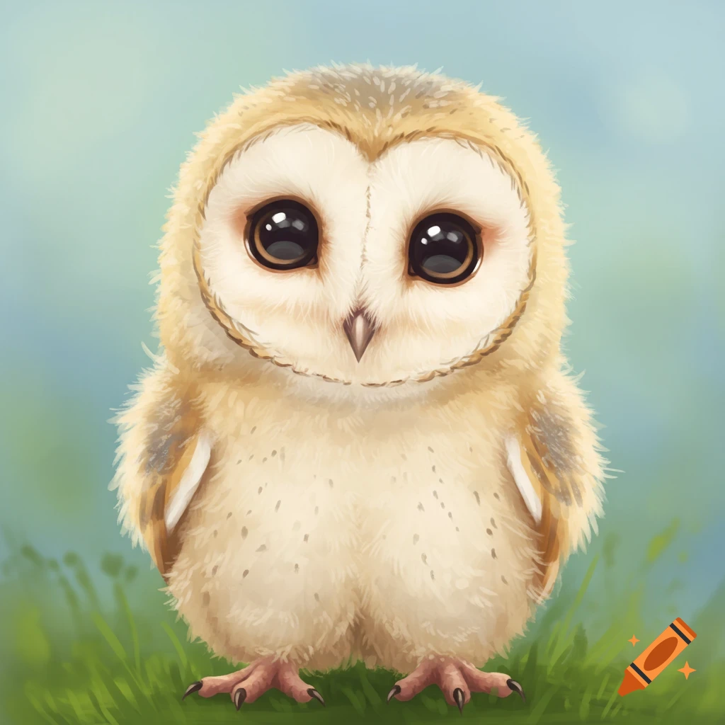 A fluffy baby barn owl standing in grass.