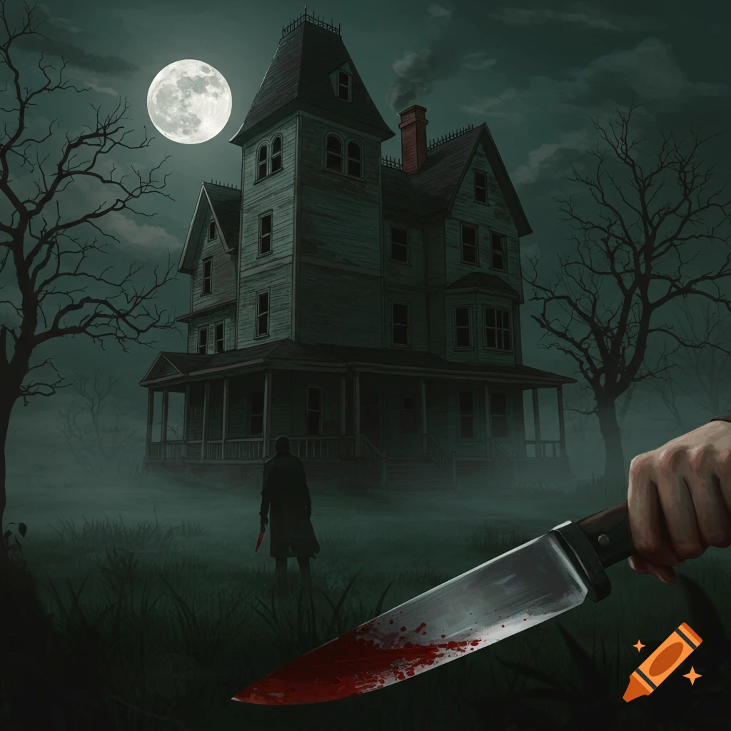 A figure with a knife stands near a haunted house under a full moon, with a bloody knife in the foreground.