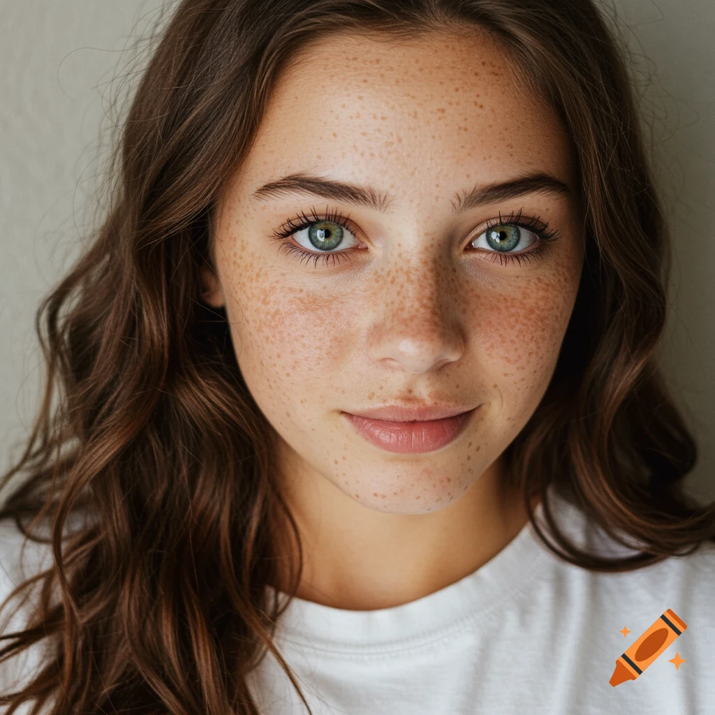 Close-up photorealistic portrait of a young woman with freckles and green eyes