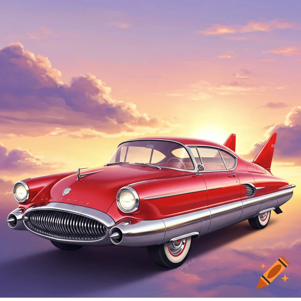A red, finned retro-futuristic car floats in the sky at sunset.