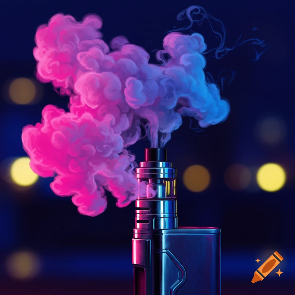 A vape emits pink and blue smoke against a blurry dark background.