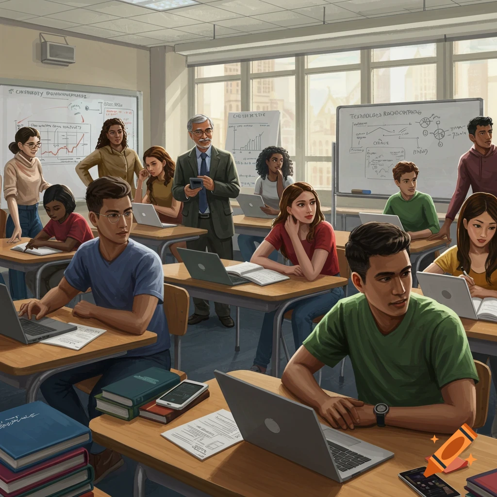 A college classroom with students, laptops, and a teacher.