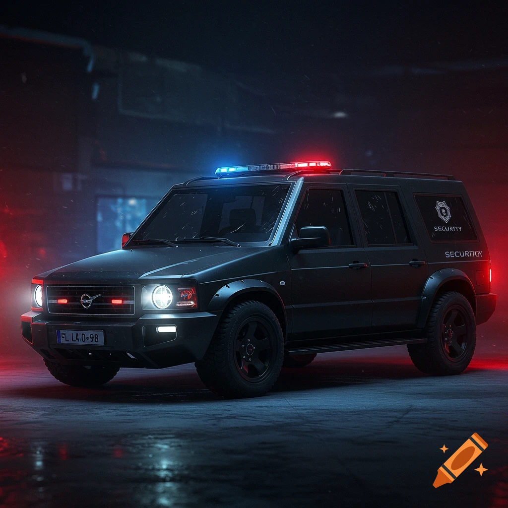 A black security SUV with red and blue lights in a dark garage.