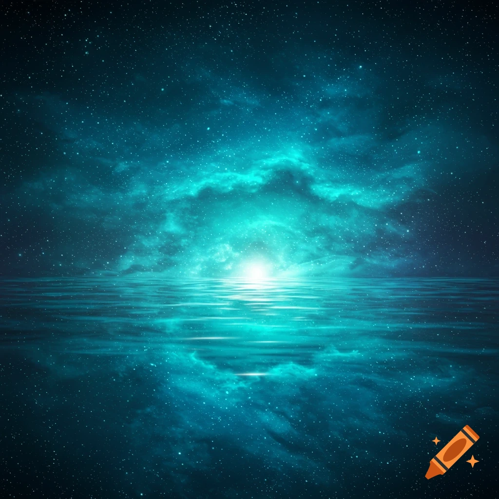 A bright light over a starry ocean under a cosmic sky.