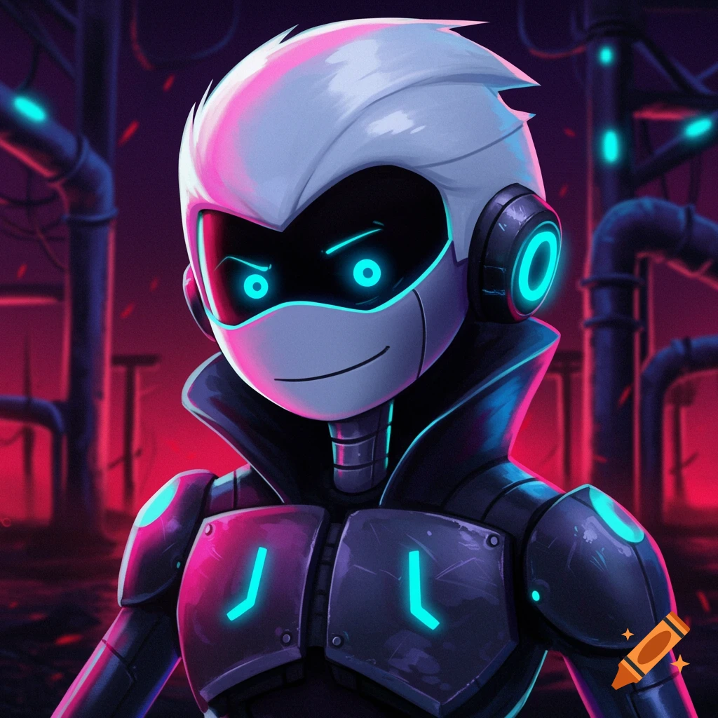 A glowing eyed robot in a dark, neon-lit industrial setting, cyberpunk style.