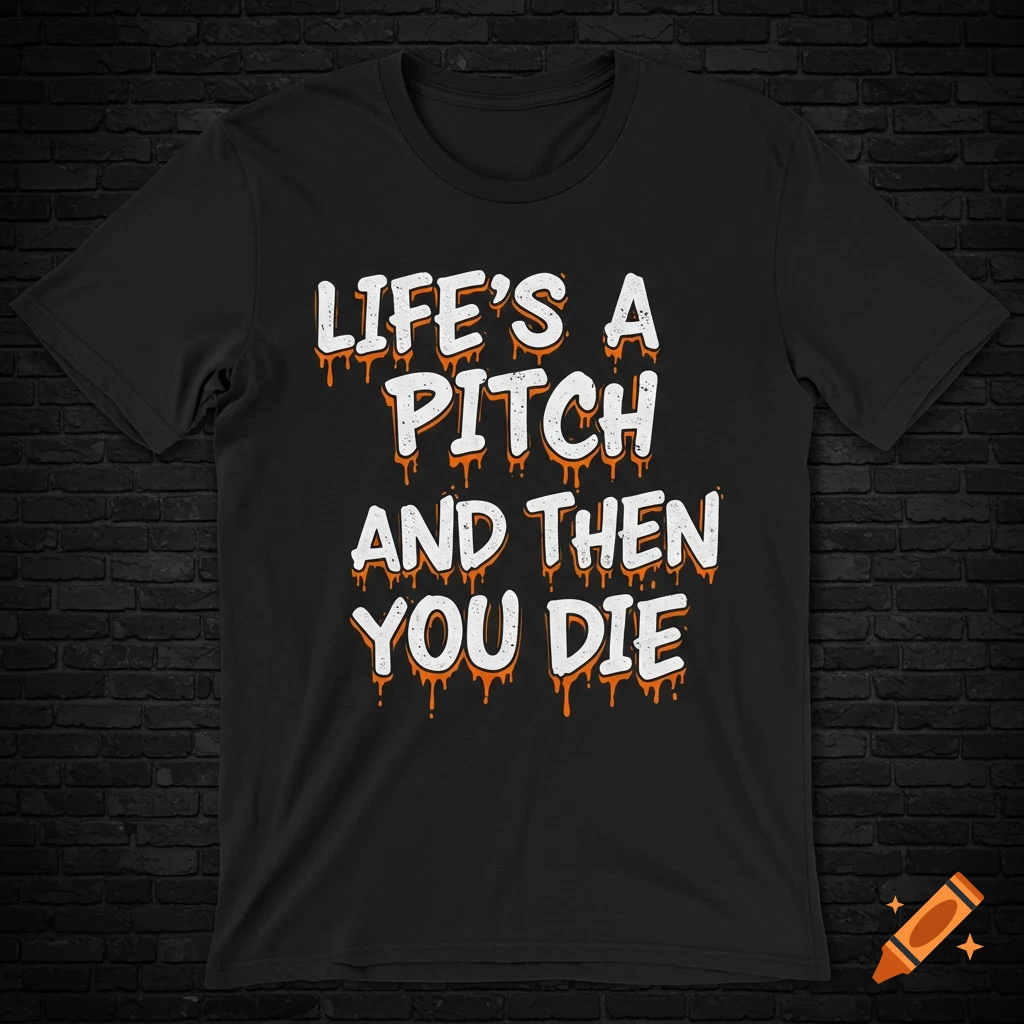 Black t-shirt with white text that reads "Life's a Pitch and then You Die", with orange paint drips.