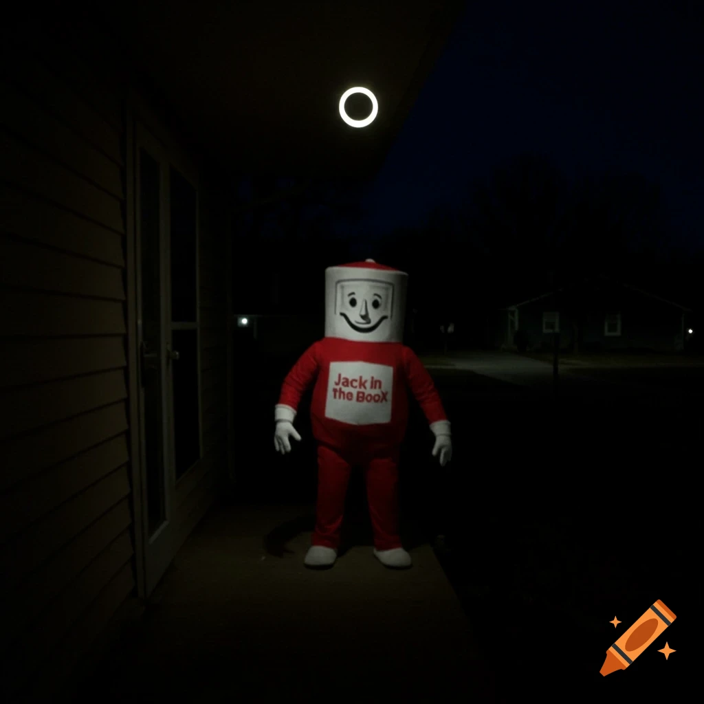 A person in a Jack in the Box mascot costume stands on a porch at night, like ring doorbell footage.