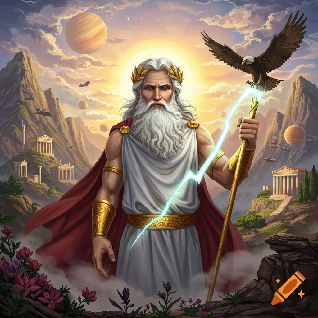 Zeus with a lightning bolt and eagle in a mythological landscape with temples.