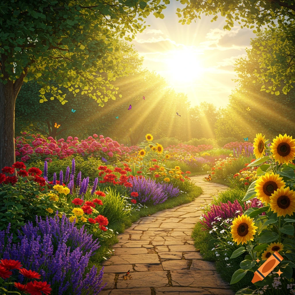 Sunlight streams through trees into a lush garden with a stone path lined by colorful flowers.