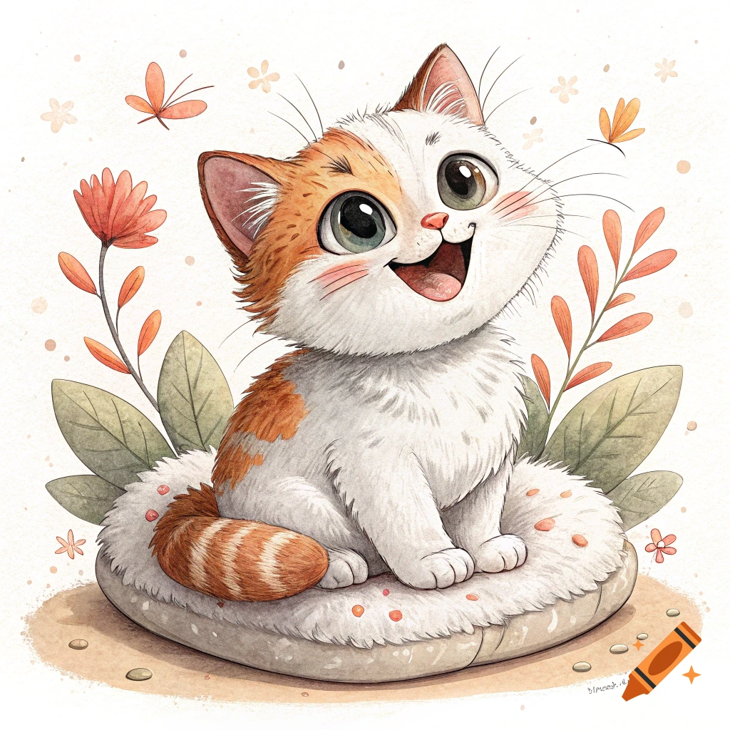 Cute watercolor illustration of a smiling orange and white cat sitting on a cushion with flowers.