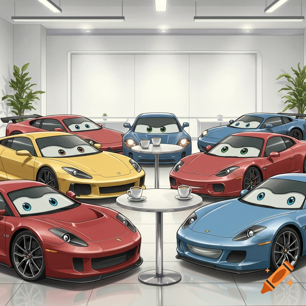 Colorful cartoon sports cars sitting around tables with coffee cups.