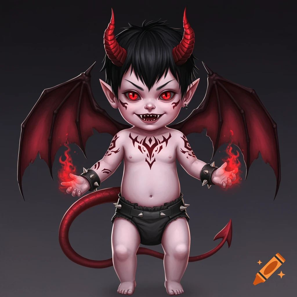 A cute and evil baby demon with wings, tail, horns, red eyes, tattoos, and fire magic.