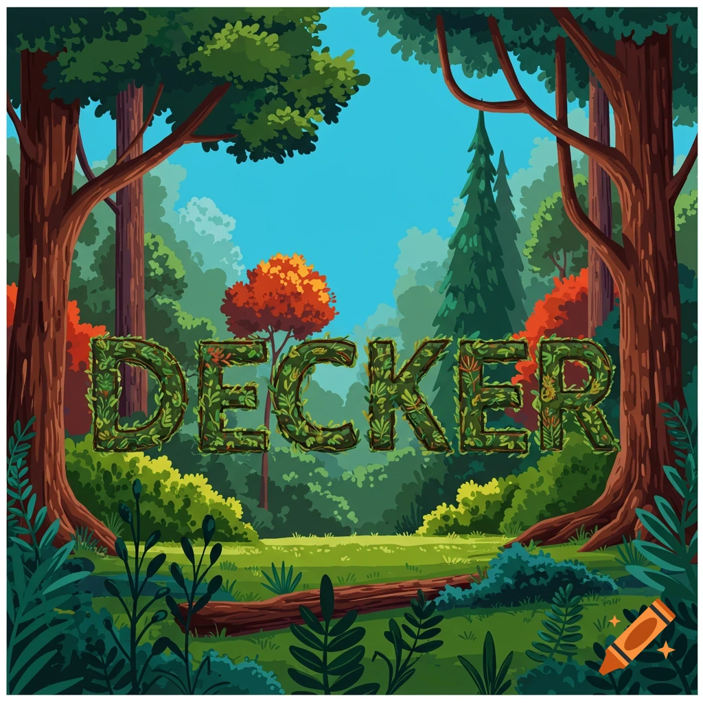 Vector art of a forest clearing with the word DECKER spelled out in green leaves.