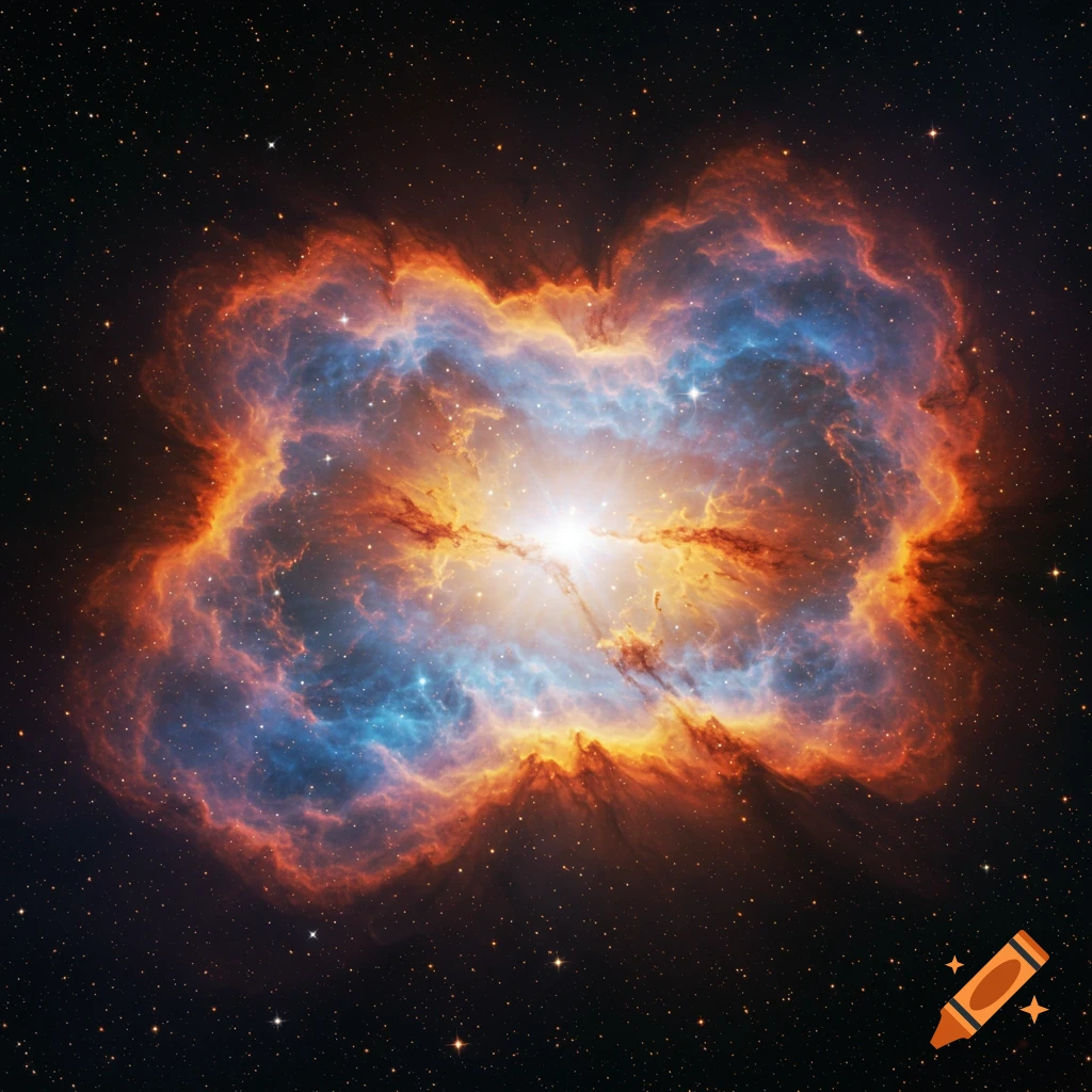 A colorful nebula in space with bright orange, red, and blue gas clouds surrounding a central light source and stars.