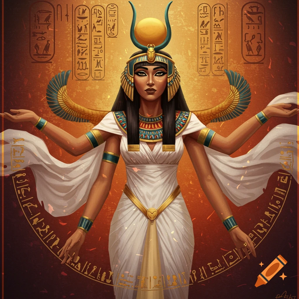 Painting of woman in Egyptian headdress and dress with golden wings and hieroglyphs