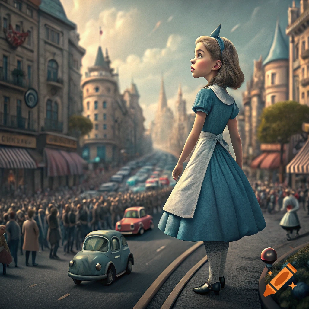 A small girl resembling Alice in Wonderland stands on a busy city street looking up, surrounded by a large crowd and cars.