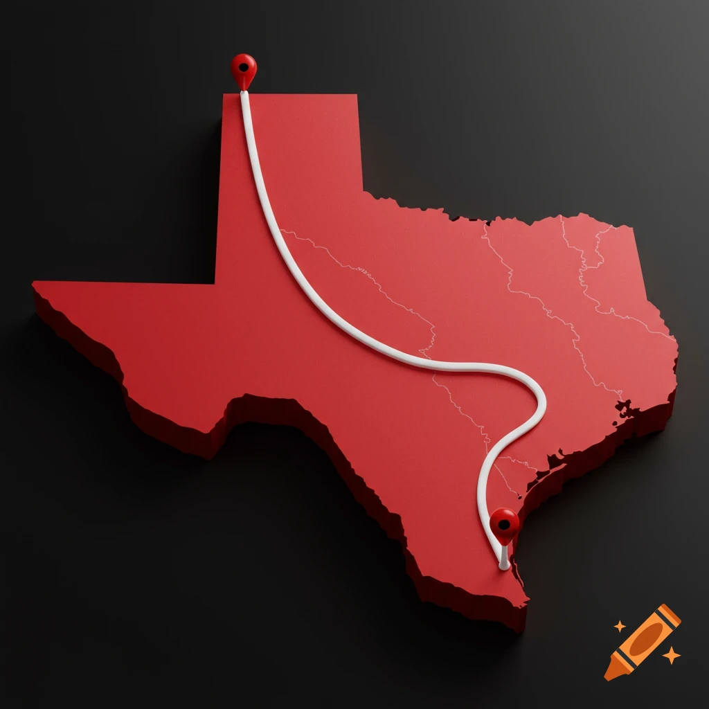 3D red map of the state of Texas with a white path and pins
