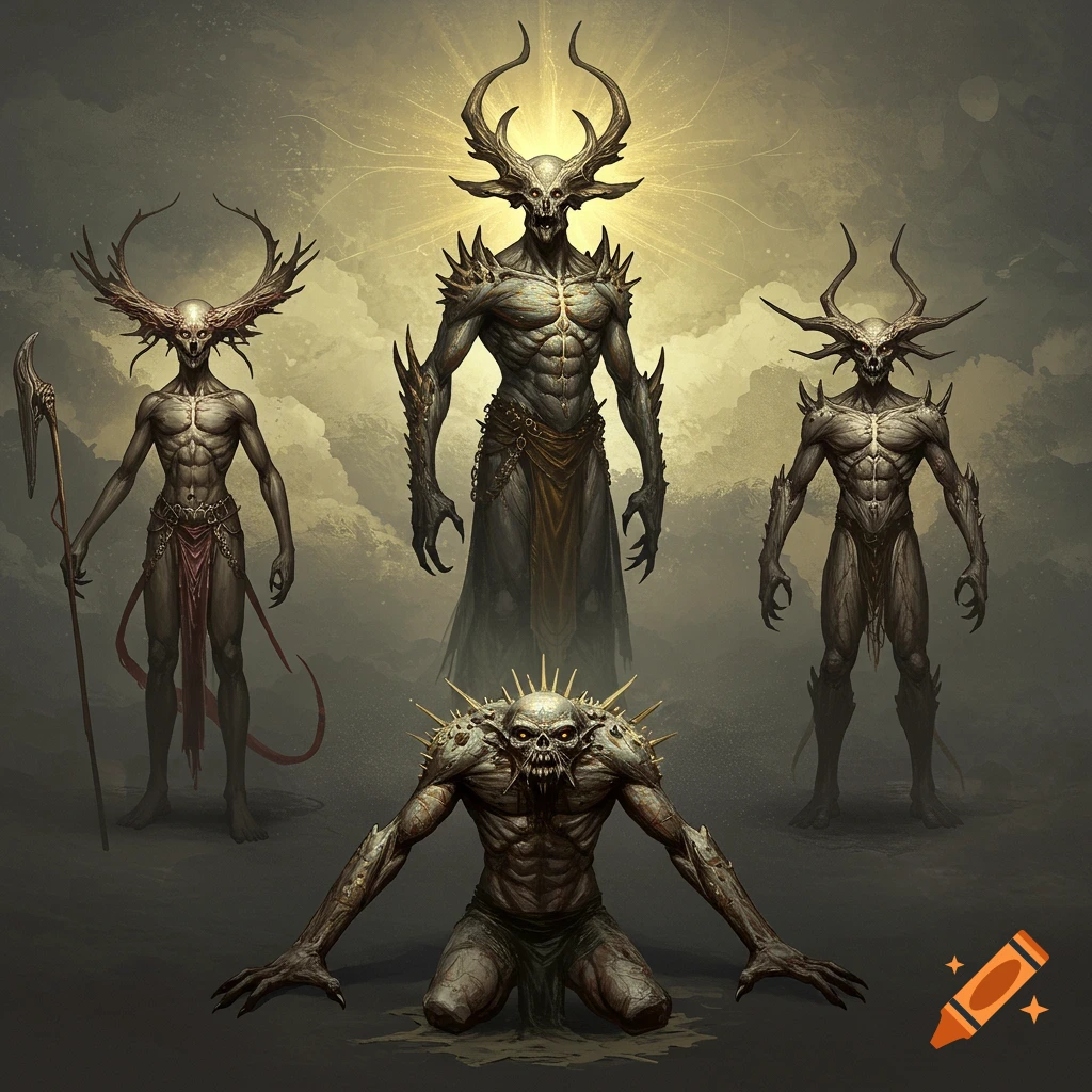 Four monstrous, skeletal fantasy creatures with horns and spikes against a dark, cloudy background.