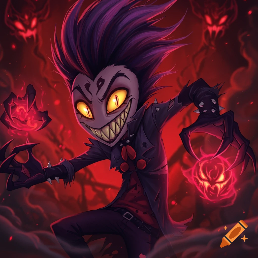 Stylized cartoon character with sharp teeth and glowing eyes holding red orbs, surrounded by smoky figures.