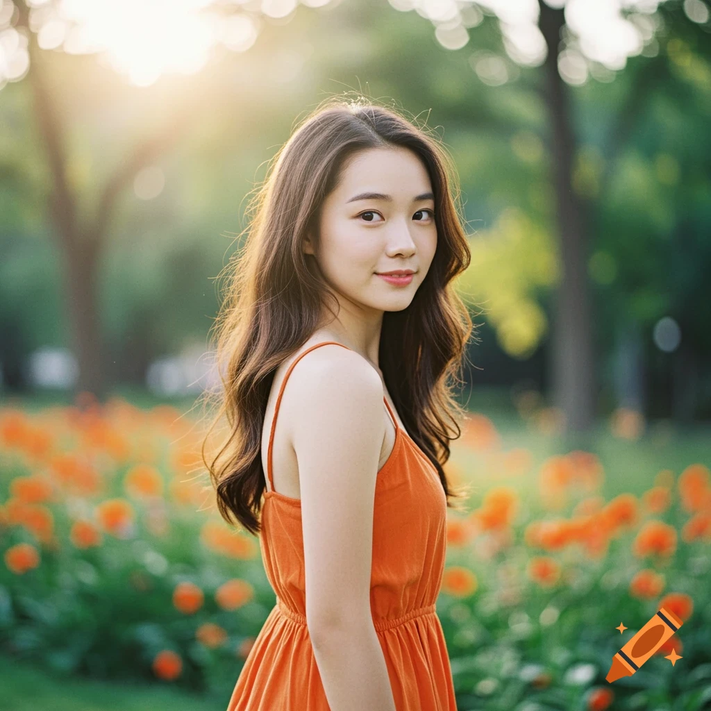 A young woman in an orange sundress stands in a sun-drenched park with flowers.