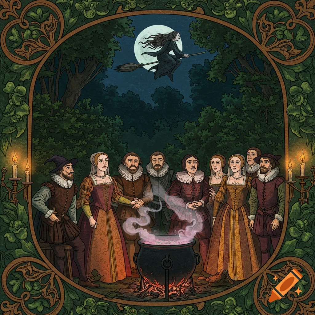 Illustration of people in historical clothes gathered around a cauldron at night, with a witch flying on a broomstick overhead.