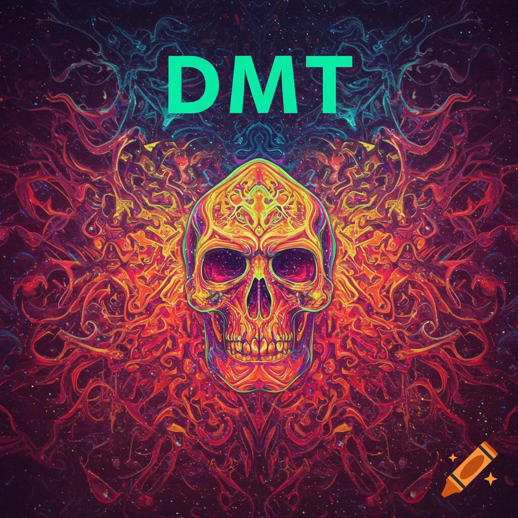 A stylized colorful skull is surrounded by swirling psychedelic patterns, with the text DMT across the top.