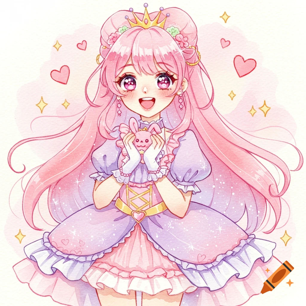 Watercolor anime princess holding a pink bunny