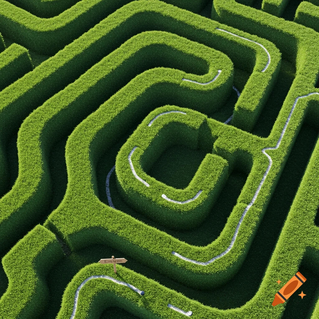 Aerial view of a green grass hedge maze with a path marked by white lines and an entrance sign.