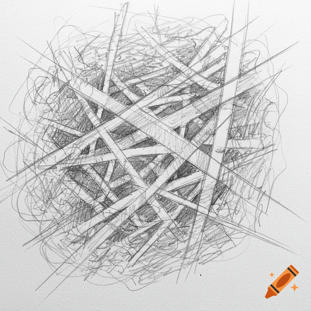 A close-up abstract pencil sketch of crisscrossing lines and scribbles forming a dense, tangled mass.