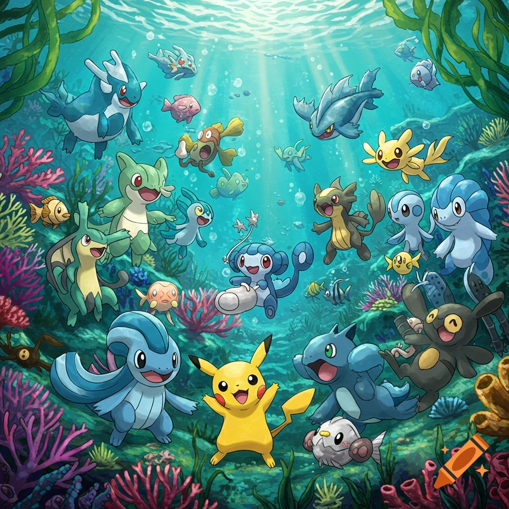 Many Pokemon swimming underwater amongst coral and seaweed, with Pikachu in the center.