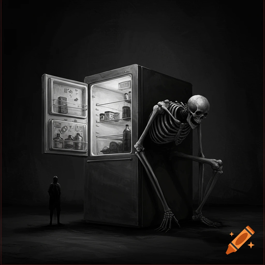 Monochromatic image of a massive skeleton hunched over an open refrigerator, while a small figure looks up from below in a dark room.