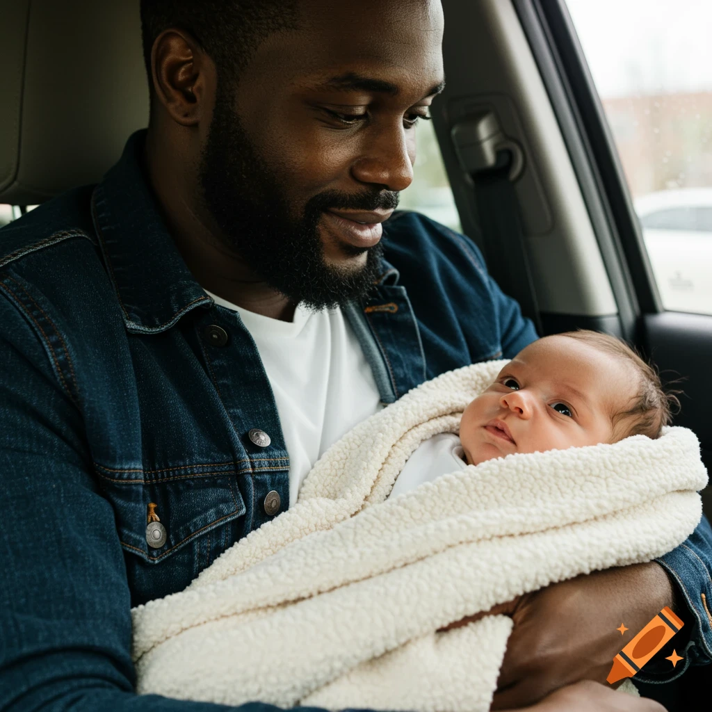 Close-up of a Black man holding a baby in a car, looking down tenderly.