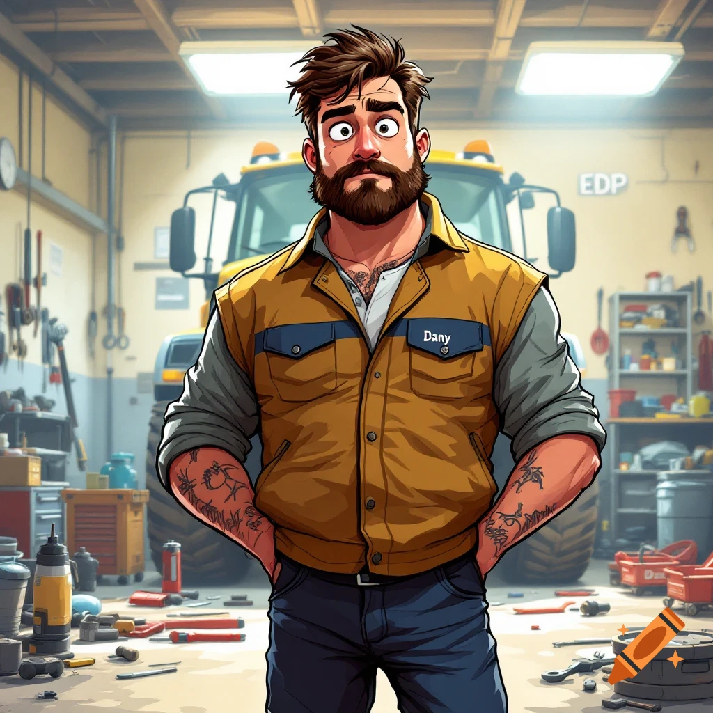 Cartoon mechanic with a beard looking perplexed in a messy garage with a large vehicle behind him.