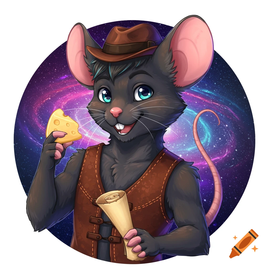 A cartoon anthropomorphic mouse wearing a hat and vest, holding cheese and a scroll, against a galaxy background.