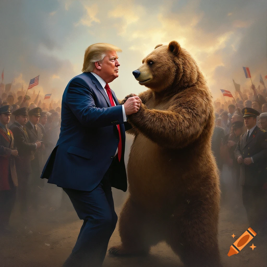 Donald Trump dancing with a bear in front of a large crowd under a dramatic sky.