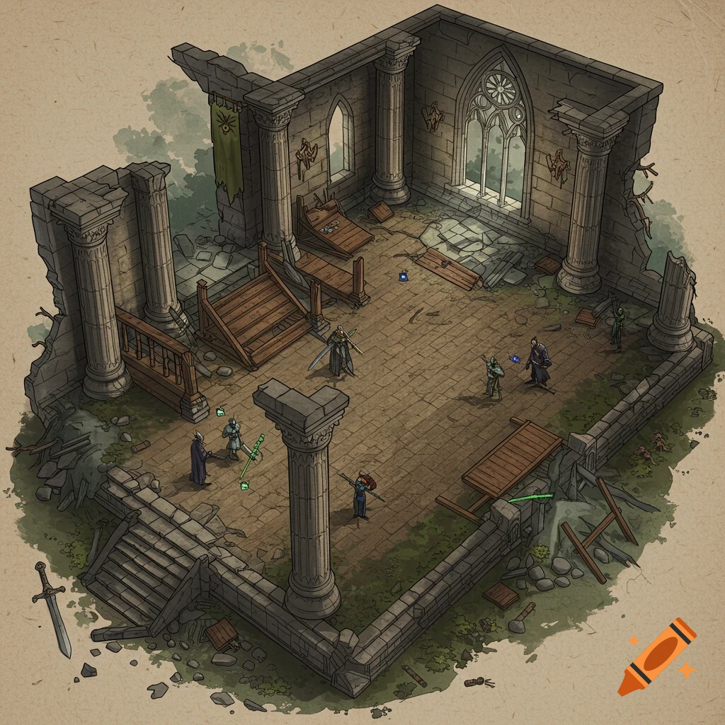 An isometric fantasy battle map of a ruined temple with columns, debris, and several characters standing on the flagstone floor.