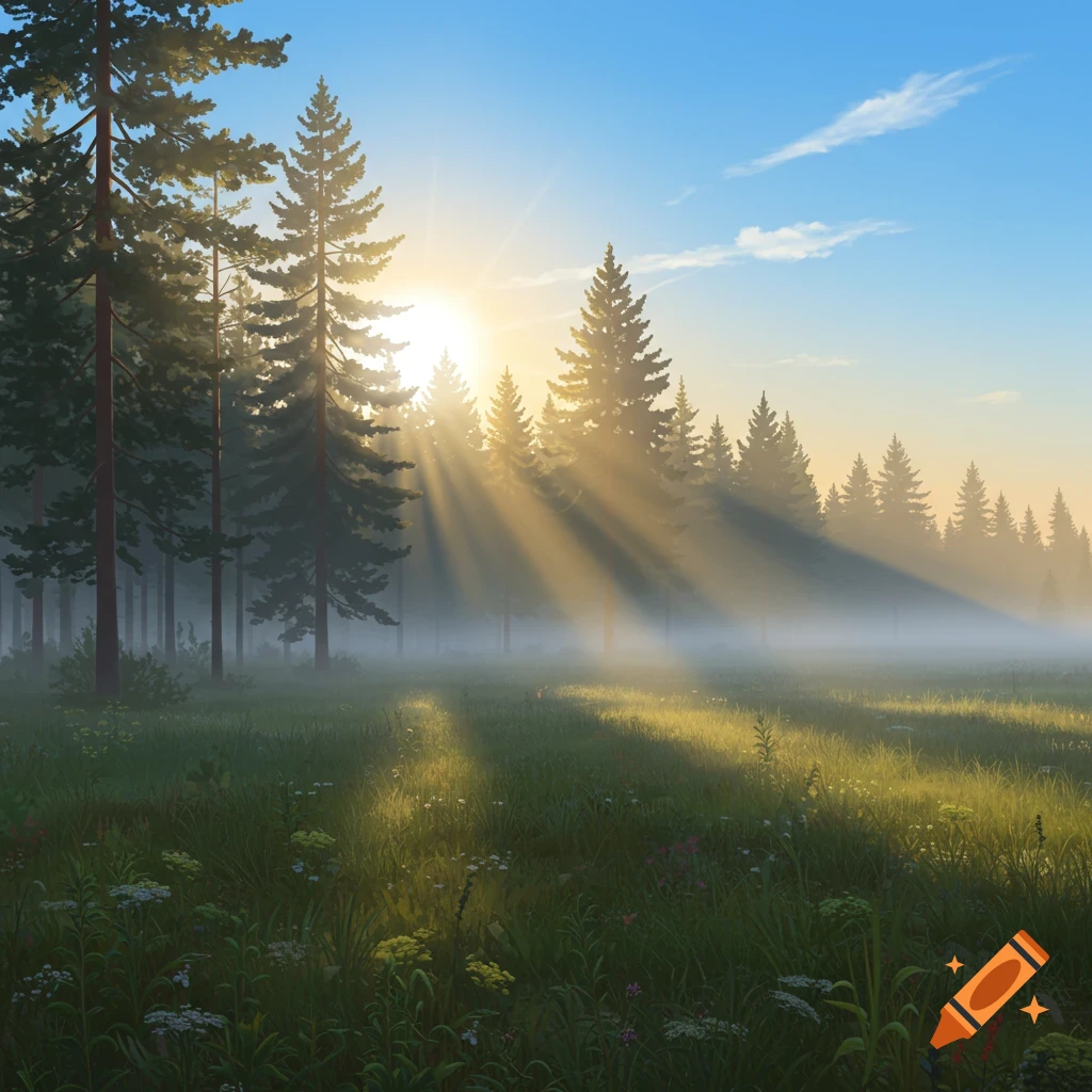 Sunbeams stream through pine trees and mist in a grassy forest at sunrise.