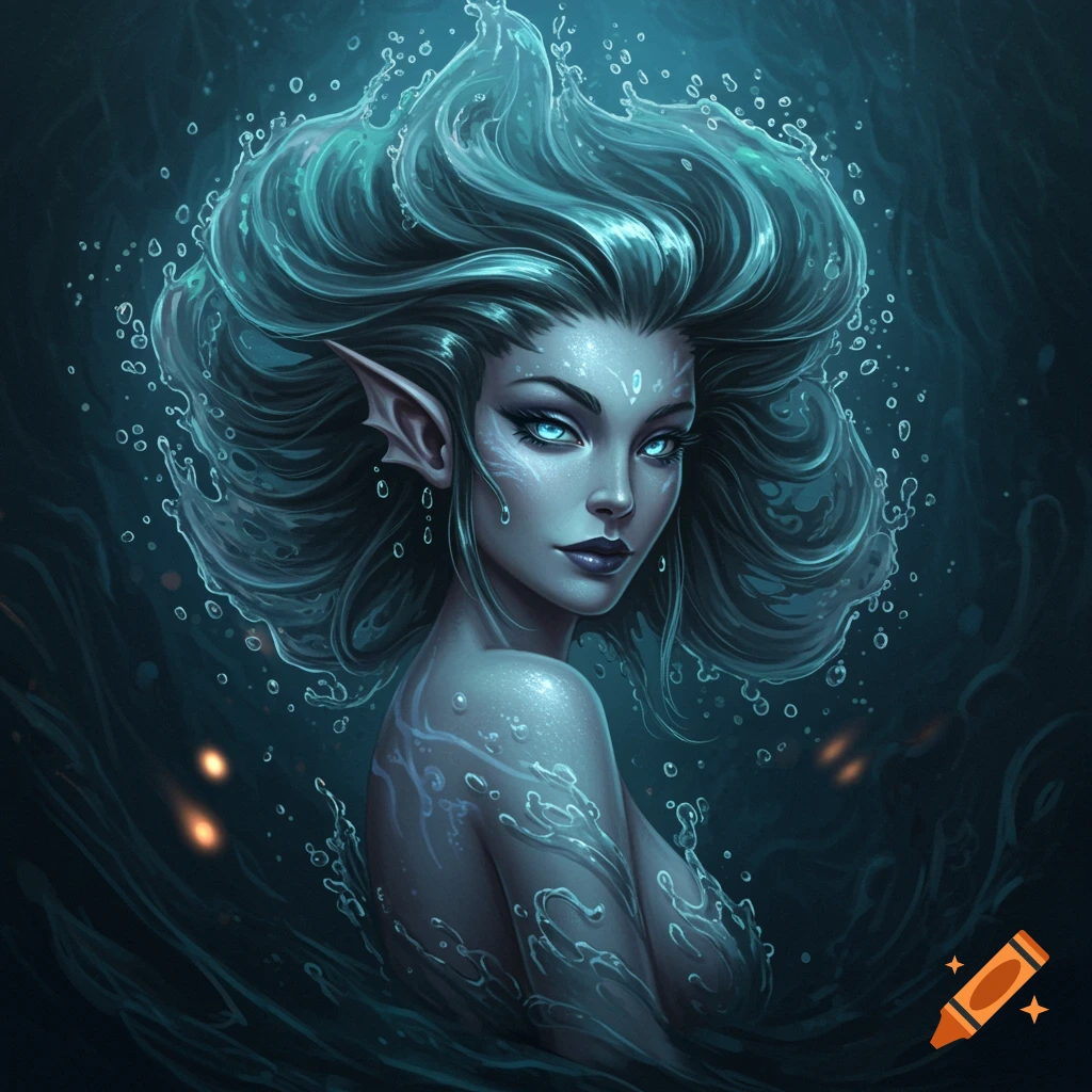 Fantasy portrait of a blue-skinned water demon with flowing watery hair in a dark underwater setting.