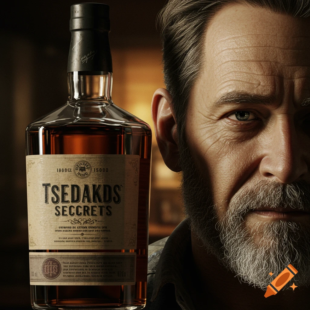 A man looks at a whiskey bottle in a close-up, photorealistic style.