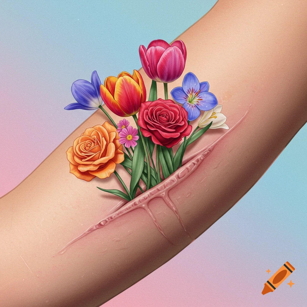Colorful flowers growing from a scar on an arm