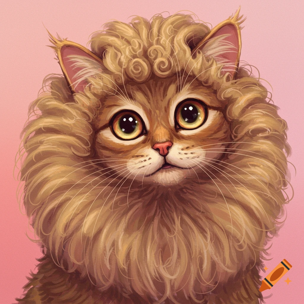 Close-up of a cat with curly light brown hair and large hazel eyes