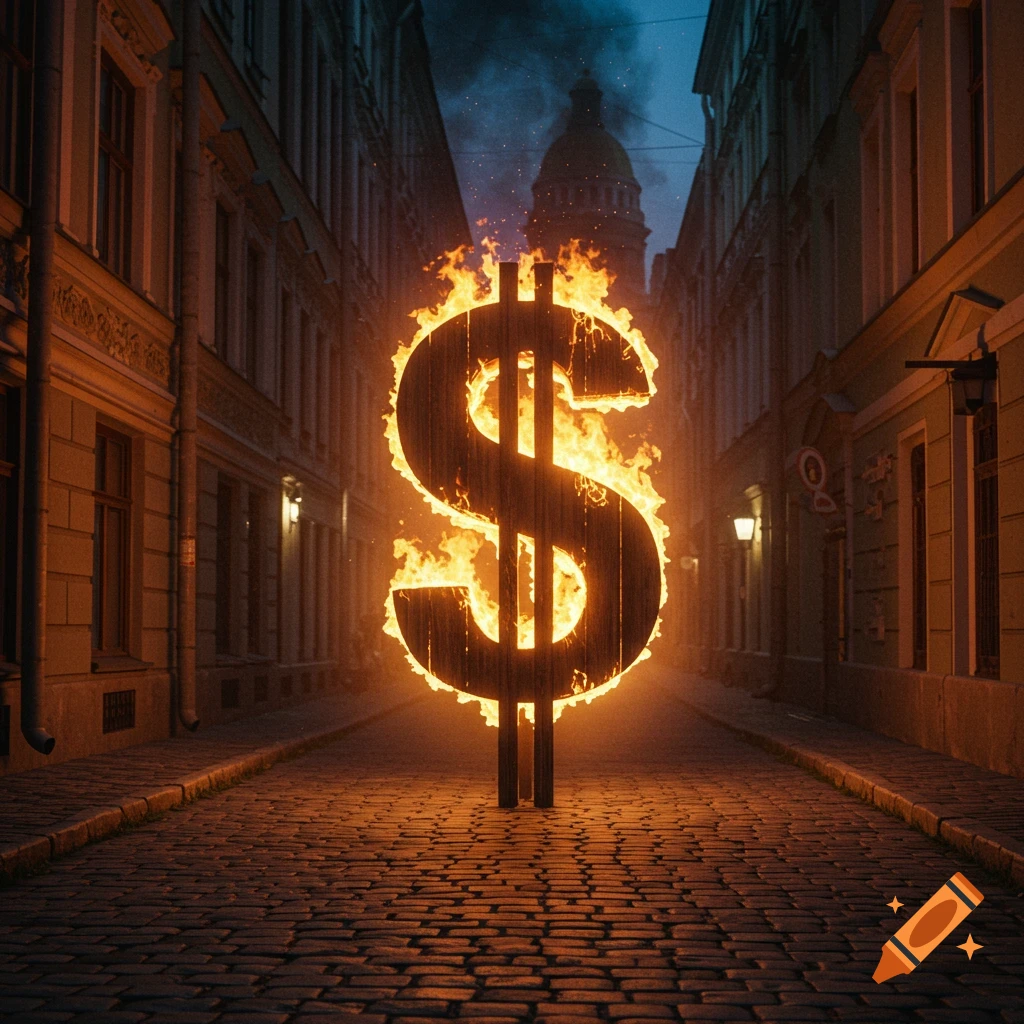Burning dollar sign stands in a narrow cobblestone city street at night.