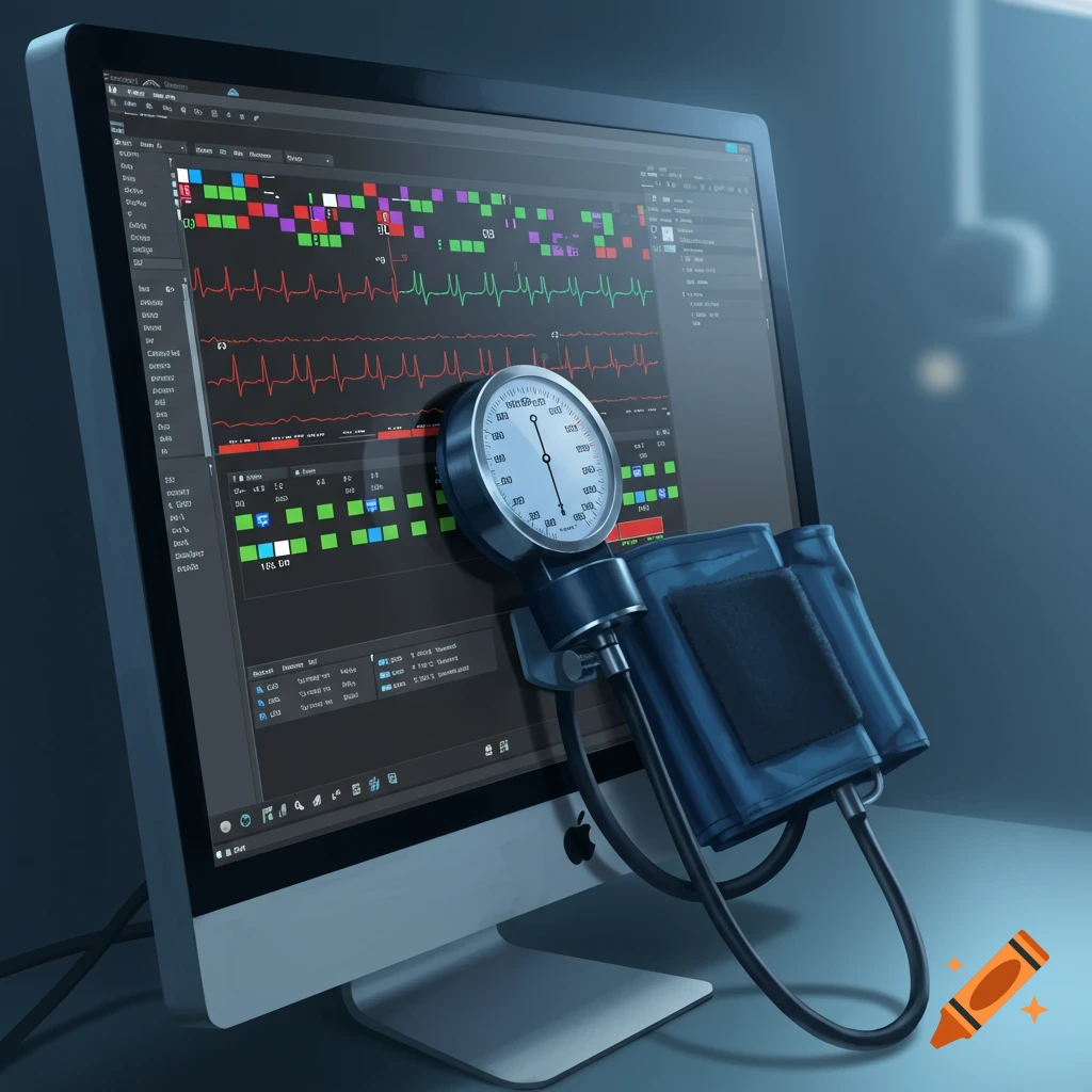 A computer screen displays medical data, and a blood pressure cuff is attached.