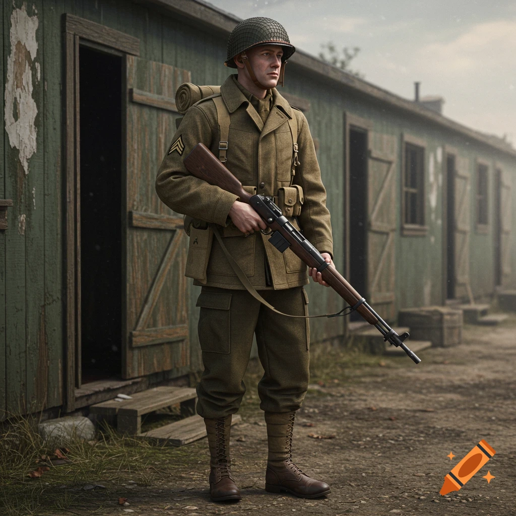 American soldier in 1940s uniform with rifle stands outside barracks.