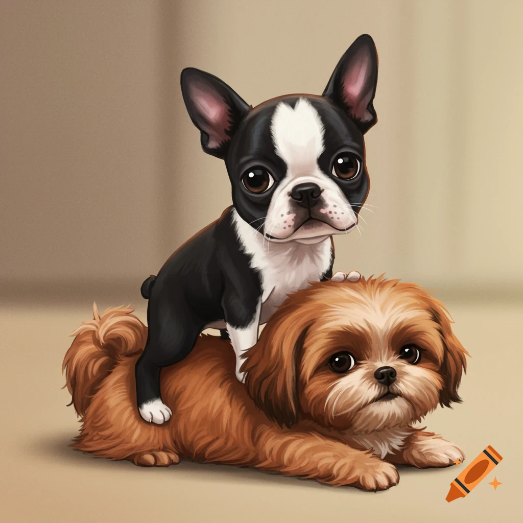 A Boston Terrier puppy sitting on the back of a Shih Tzu puppy.