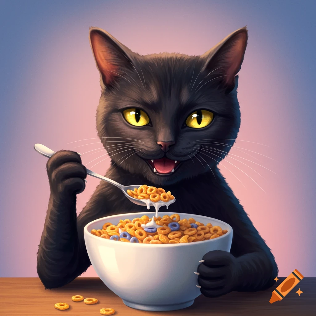 A black cat is eating cereal with a spoon from a white bowl.